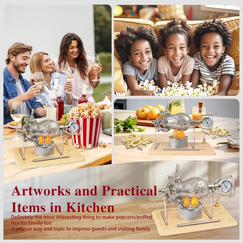 350ml Chinese Popcorn Maker, Chinese Popcorn Cannon Machine, High Pressure Popcorn Popper, Stainless Steel Popcorn Machine for Family Party Fun, Upgraded Bamboo Base and Bracket(with Gift Box&2 Bags)