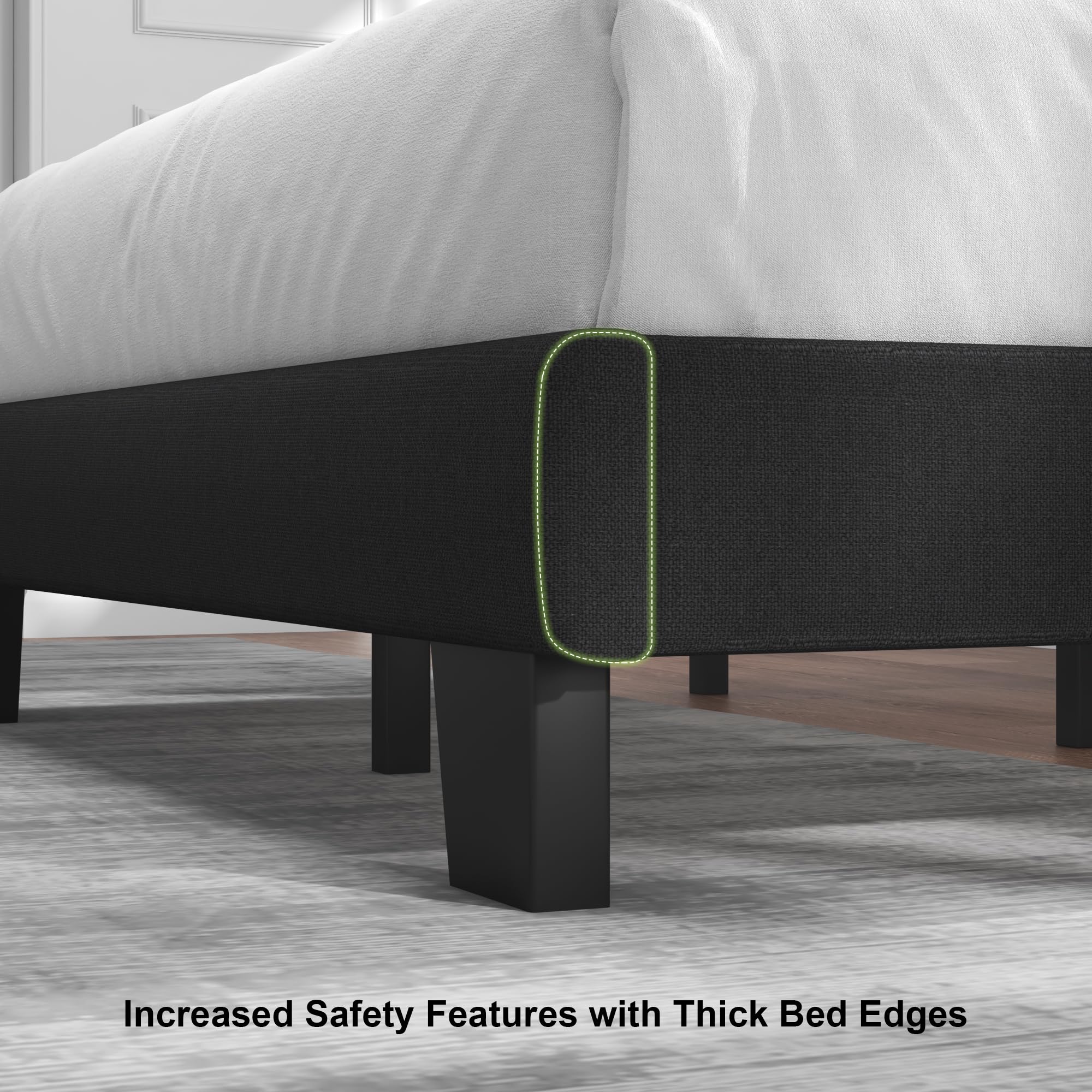 Feonase Twin Platform Bed Frame, Fabric Upholstered Twin Bed Frame, Solid Wood Slats & Heavy Duty Feet Support, No Box Spring Needed, Noise-Free, Easy Assembly, Black
