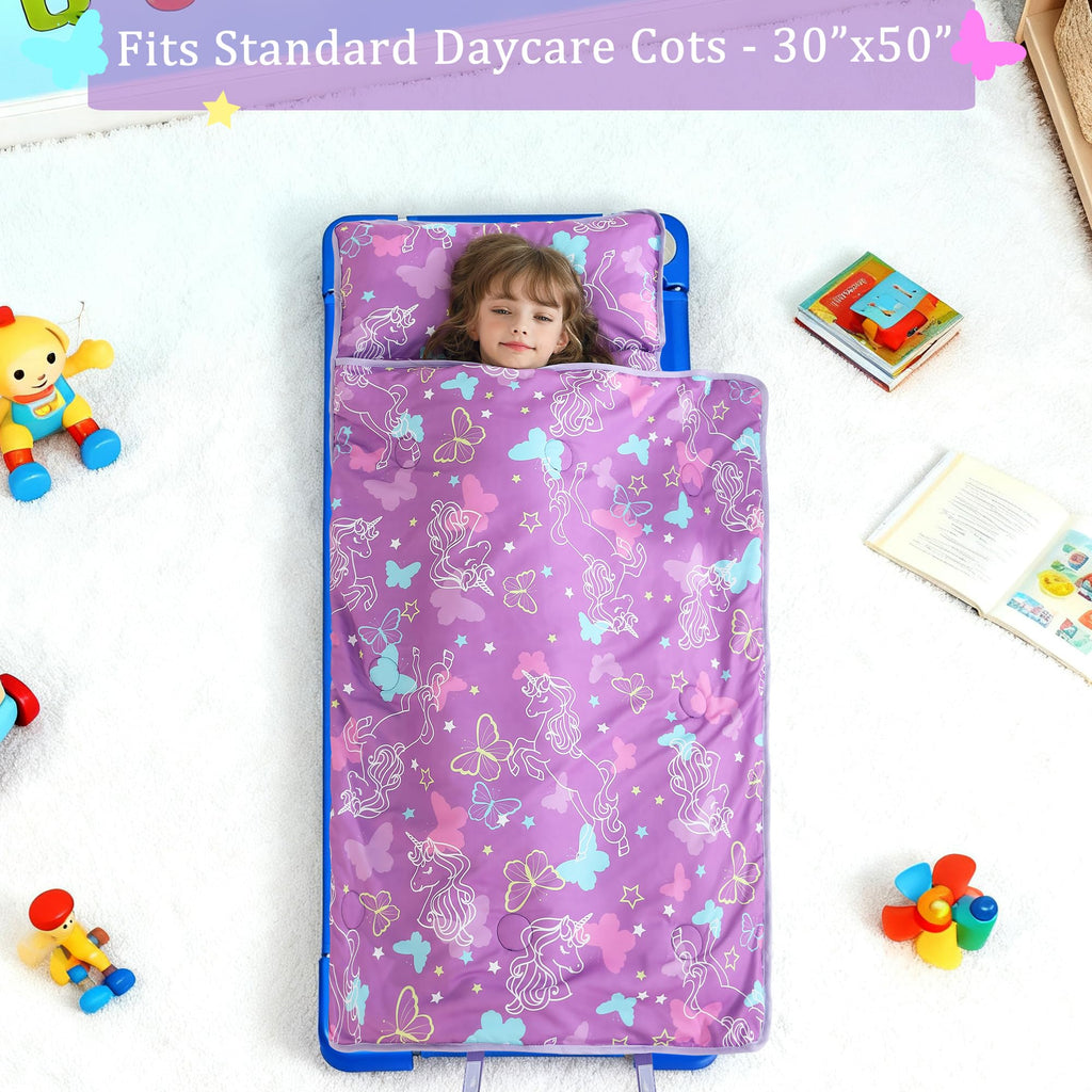 Toddler Nap Mat for Preschool 50''x30'' Sleeping Mat with Removable Pillow and Minky Blanket for Kids Ages 3-7 Roll Up Soft Sleeping Bag for Boys Girls Kindergarten Daycare Sleepover - Purple Unicorn