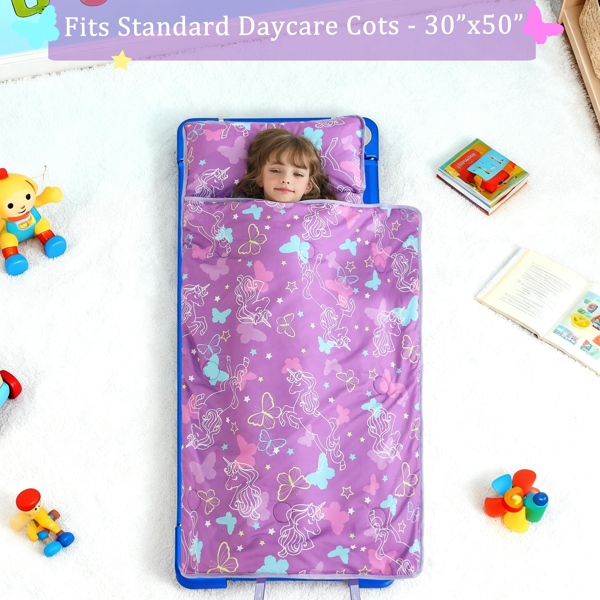 Toddler Nap Mat for Preschool 50''x30'' Sleeping Mat with Removable Pillow and Minky Blanket for Kids Ages 3-7 Roll Up Soft Sleeping Bag for Boys Girls Kindergarten Daycare Sleepover - Purple Unicorn