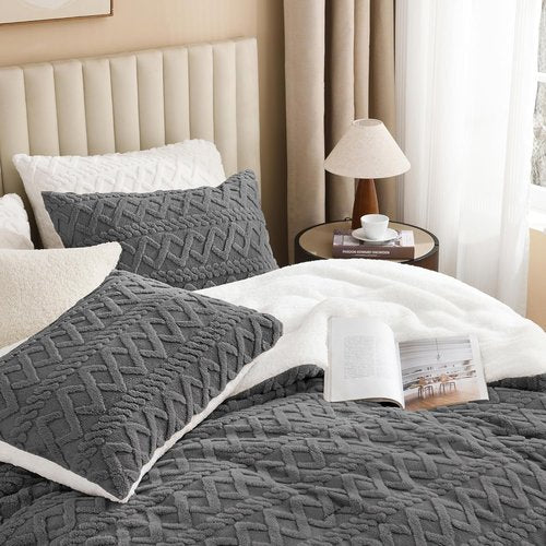 Andency Fluffy Sherpa Queen Comforter Set - Super Soft Gray Fleece Bedding | Luxury 3-Piece Boho Design