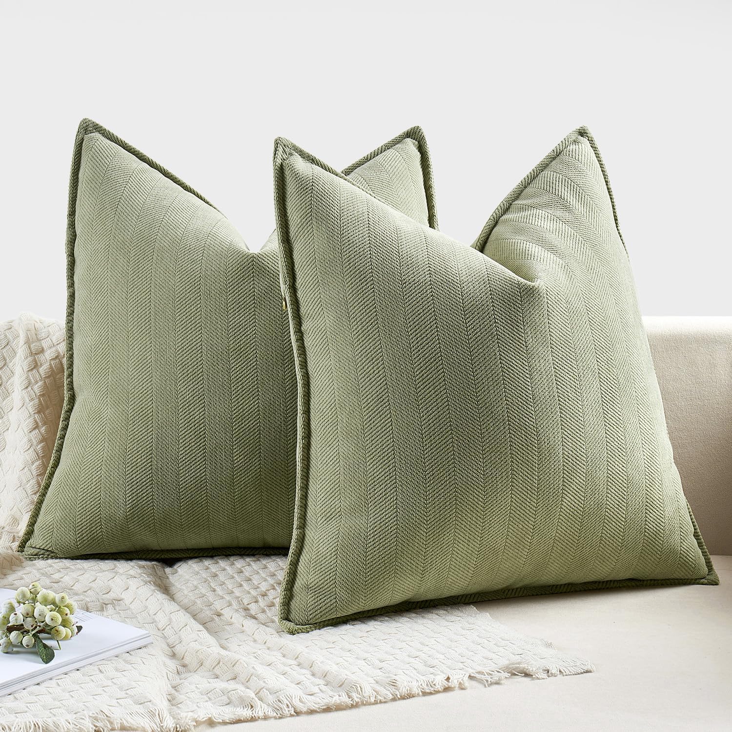 MIULEE Decorative Pillow Covers - Soft Chenille Sage Green | 18x18 Inch Luxurious Farmhouse Cushion for Sofa & Bedroom