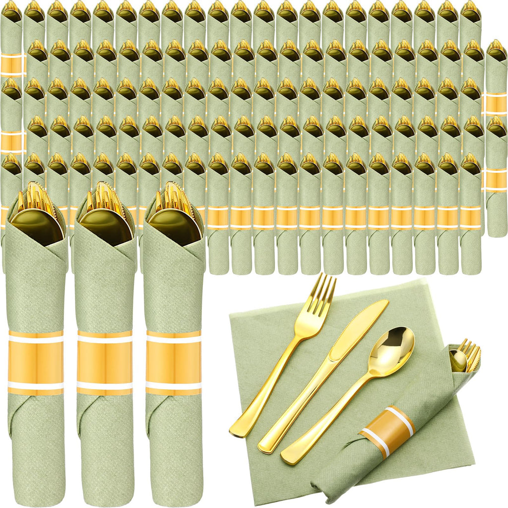 Zubebe 100 Pack Pre Rolled Silverware Set Disposable Wrapped Plastic Cutlery Set with Napkin Disposable Utensils Includes Forks Knives Spoons Napkins Wrapped for Party Dinners Wedding(Gold, Green)