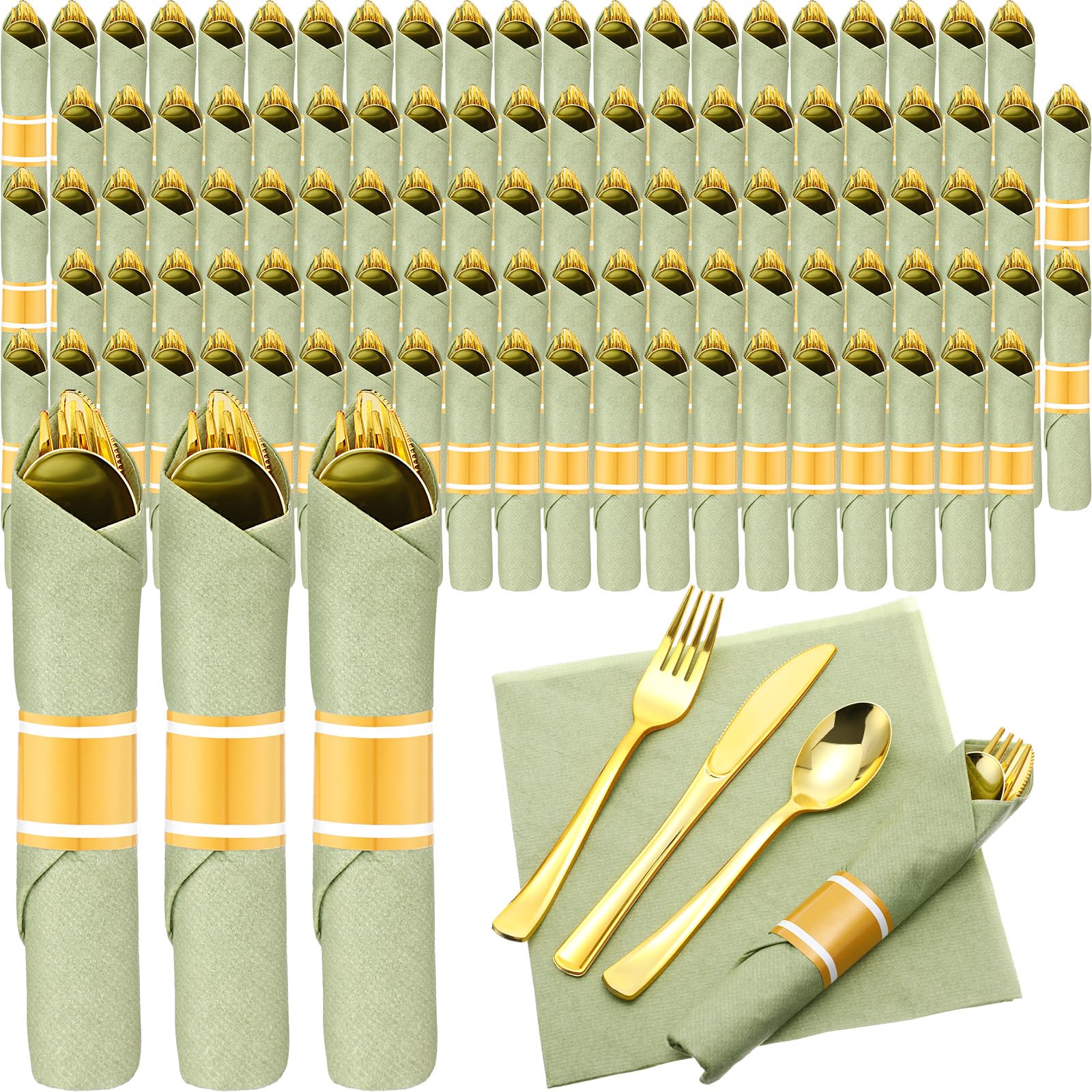 Zubebe 100 Pack Pre Rolled Silverware Set Disposable Wrapped Plastic Cutlery Set with Napkin Disposable Utensils Includes Forks Knives Spoons Napkins Wrapped for Party Dinners Wedding(Gold, Green)