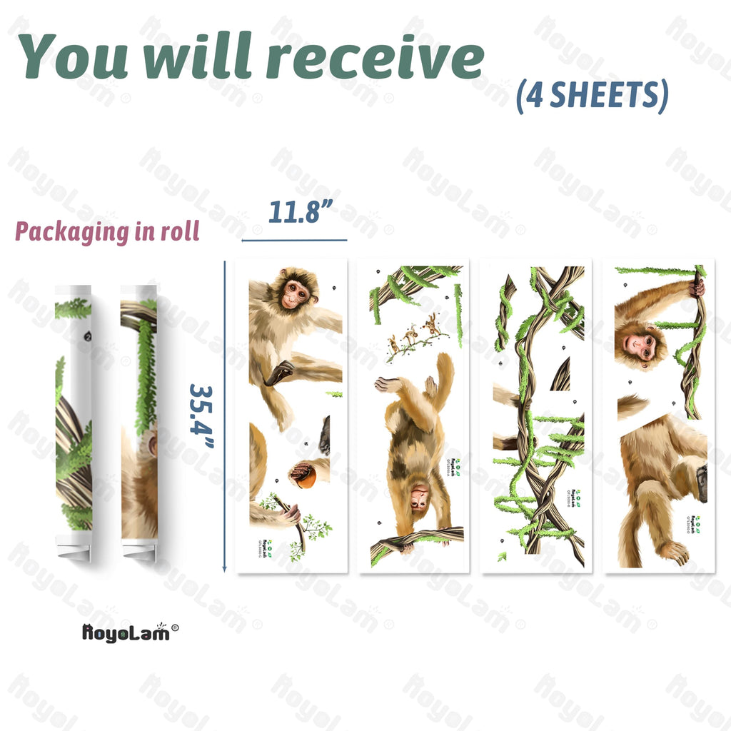 RoyoLam 78.7'' x 32'' Large Monkeys Hanging on Vines Wall Decal Nursery Macaque Animal Wall Sticker Removable Peel and Stick Wall Art Decor for Kids Baby Classroom Preschool Living Room Bedroom School