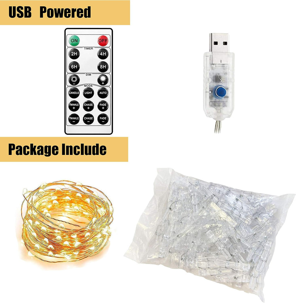 Skiennix 100 LED Fairy String Lights - USB Powered with Remote & 50 Clear Clips | Silver Wire Photo Clip Decor for Weddings & Christmas