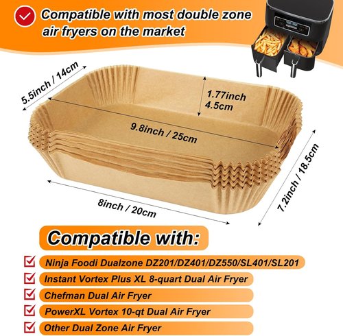 BYKITCHEN Air Fryer Liners - Set of 120 Rectangle Disposable Liners for Ninja Dual Air Fryers | Compatible with DZ201/DZ401/DZ550/SL401 & Instant Vortex
