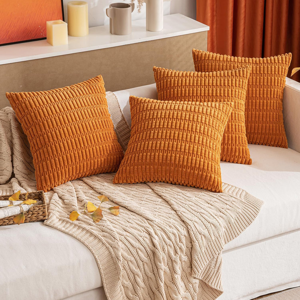 MIULEE Burnt Orange Corduroy Decorative Pillow Covers - Soft Boho Striped 18x18 Inch | Modern Farmhouse Decor