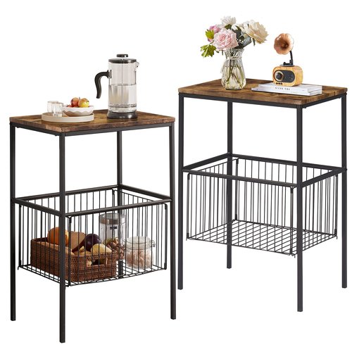 VECELO Tall Night Stand with Metal Basket,End Table with Shelf Storage Organizer, Wood Nightstand for Bedroom, Living Room,Bathroom