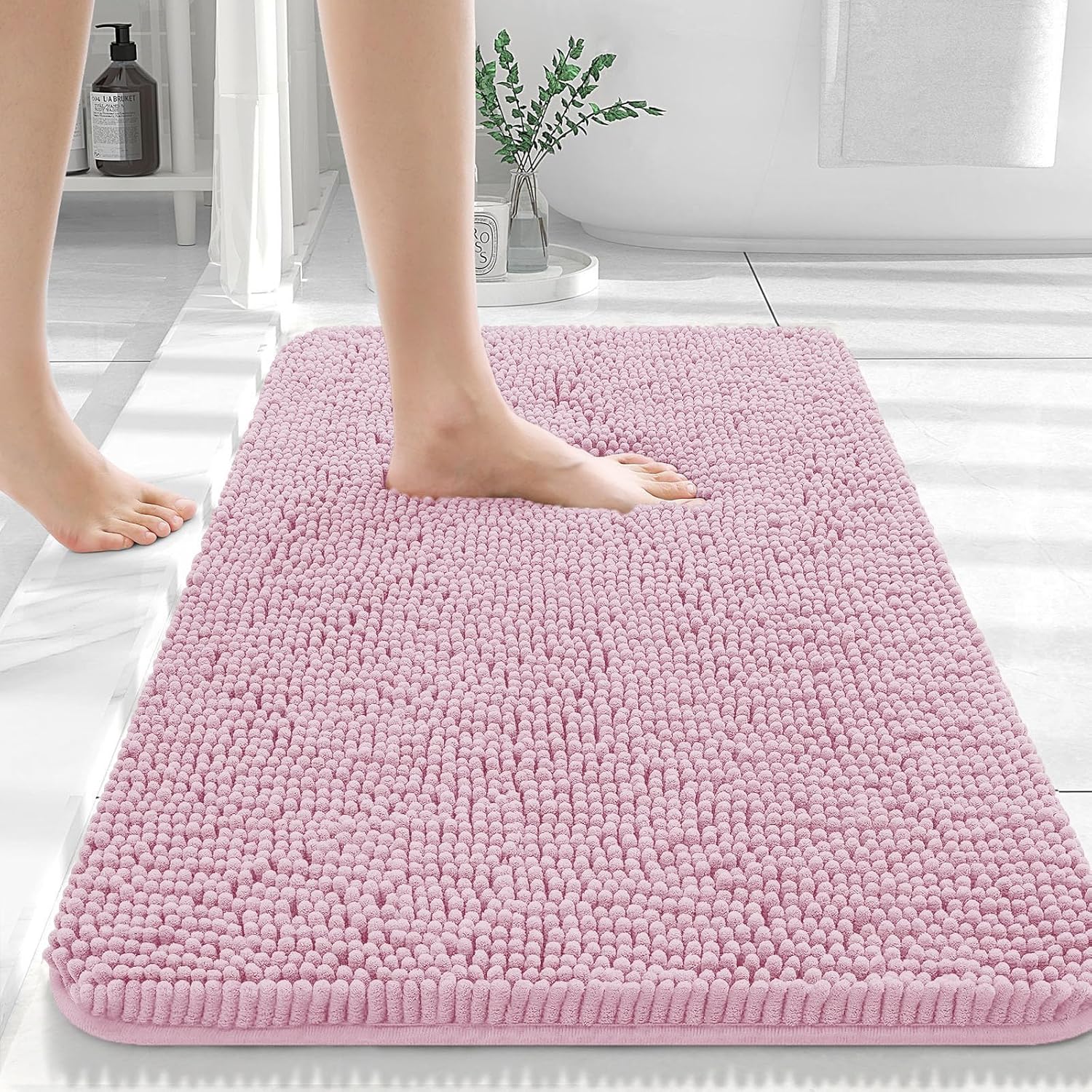 OLANLY Large Bathroom Rugs - Extra Soft Chenille Bath Mats with Rubber Backing | Quick Dry, Machine Washable, Dusty Rose 44x32