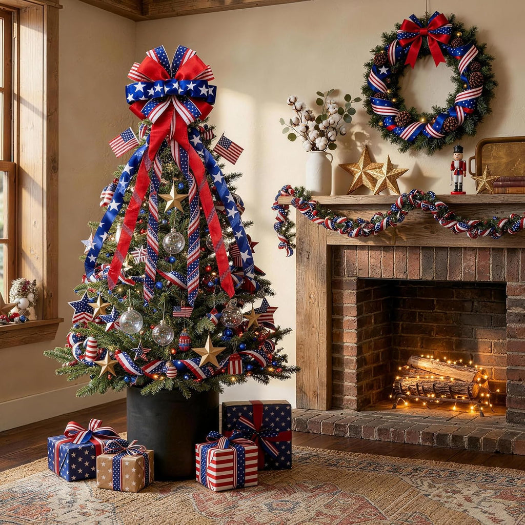 Patriotic 4th of July Tree Topper Bow by [Brand Name] - Pre-Tied 52x13 Inch Ribbon for Wreaths & Decor | Red, Blue, White