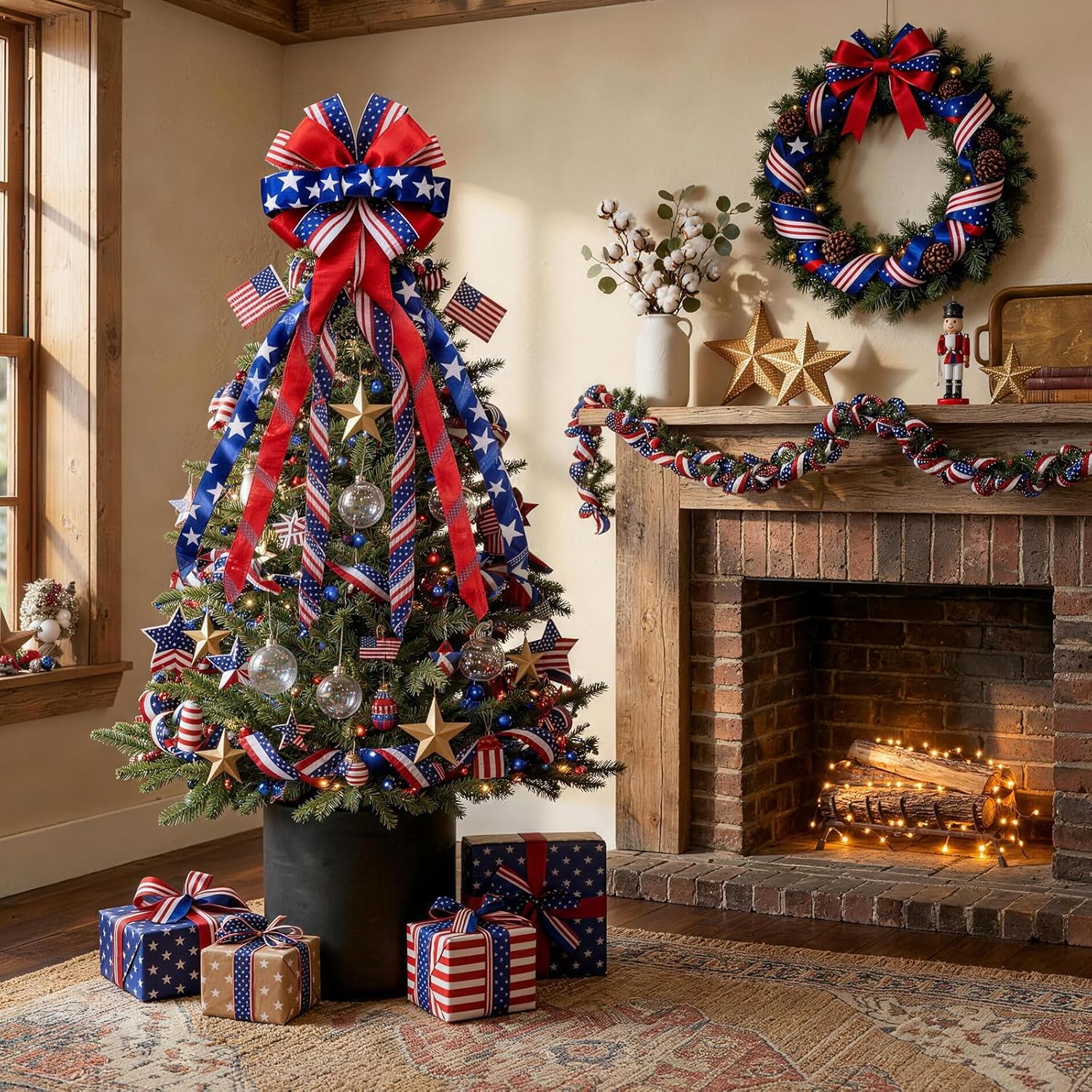 Patriotic 4th of July Tree Topper Bow by [Brand Name] - Pre-Tied 52x13 Inch Ribbon for Wreaths & Decor | Red, Blue, White