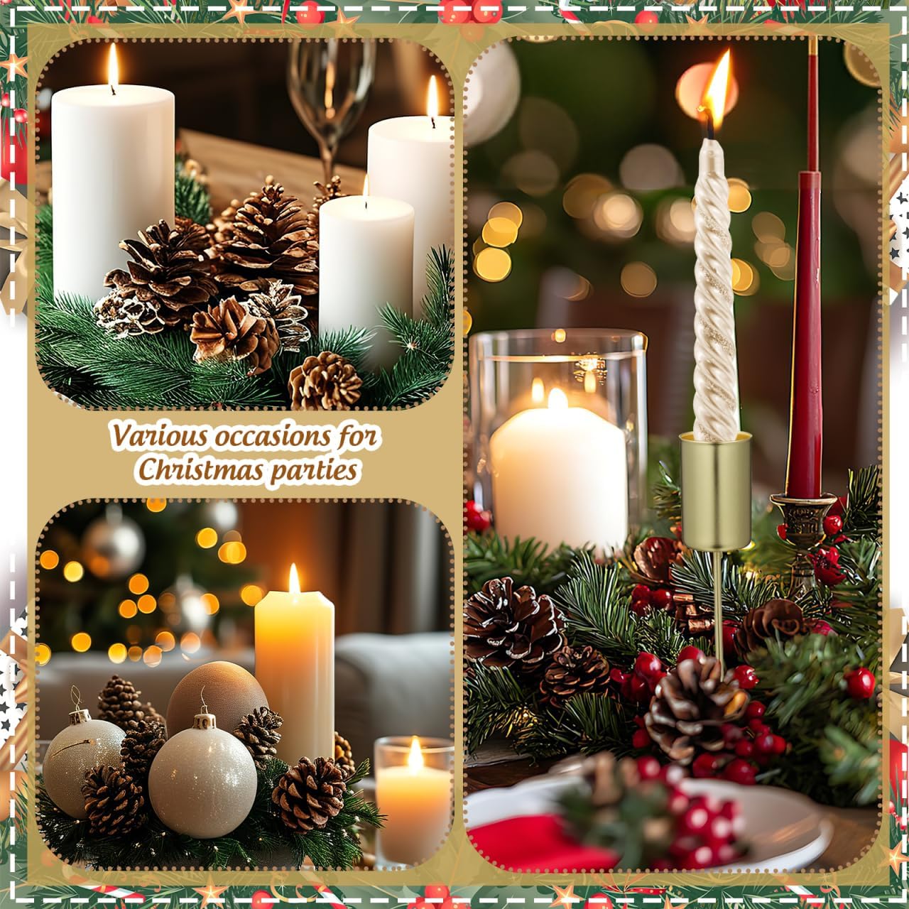 Veemoon Christmas Taper Candle Holders - Gold Iron Candlestick Inserts for DIY Centerpieces | 5PCS Set