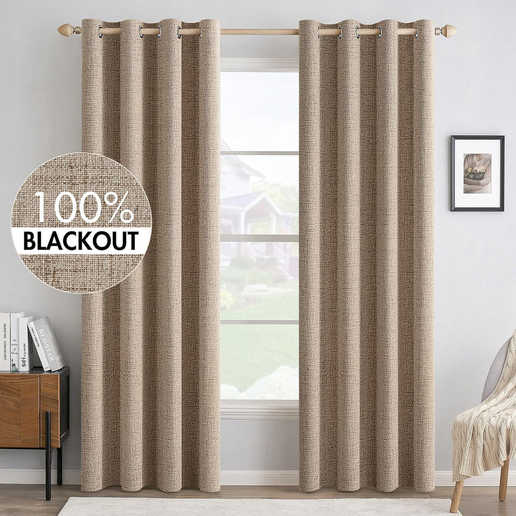 MIULEE 100% Blackout Linen Textured Curtains - Thermal Insulated Copper Brown | 52 x 108 Inch (2 Panels) for Luxury Bedroom Decor
