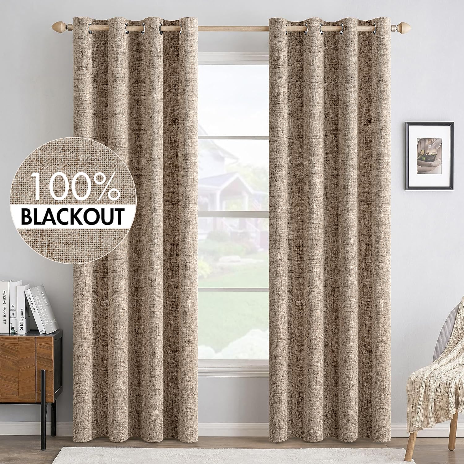 MIULEE 100% Blackout Linen Textured Curtains - Thermal Insulated Copper Brown | 52 x 108 Inch (2 Panels) for Luxury Bedroom Decor