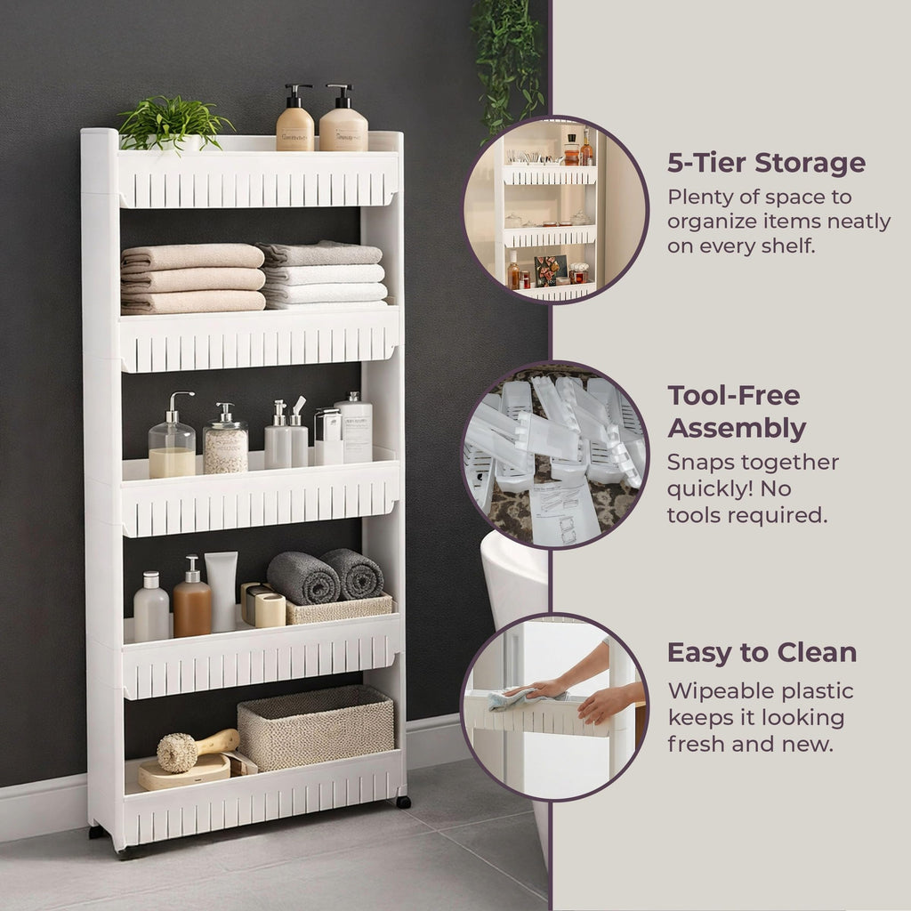 Slim Rolling Storage Cart - 5-Tier Utility Cart with Wheels for Bathroom, Kitchen, and Laundry Room - Bathroom Shelves by Lavish Home (White)