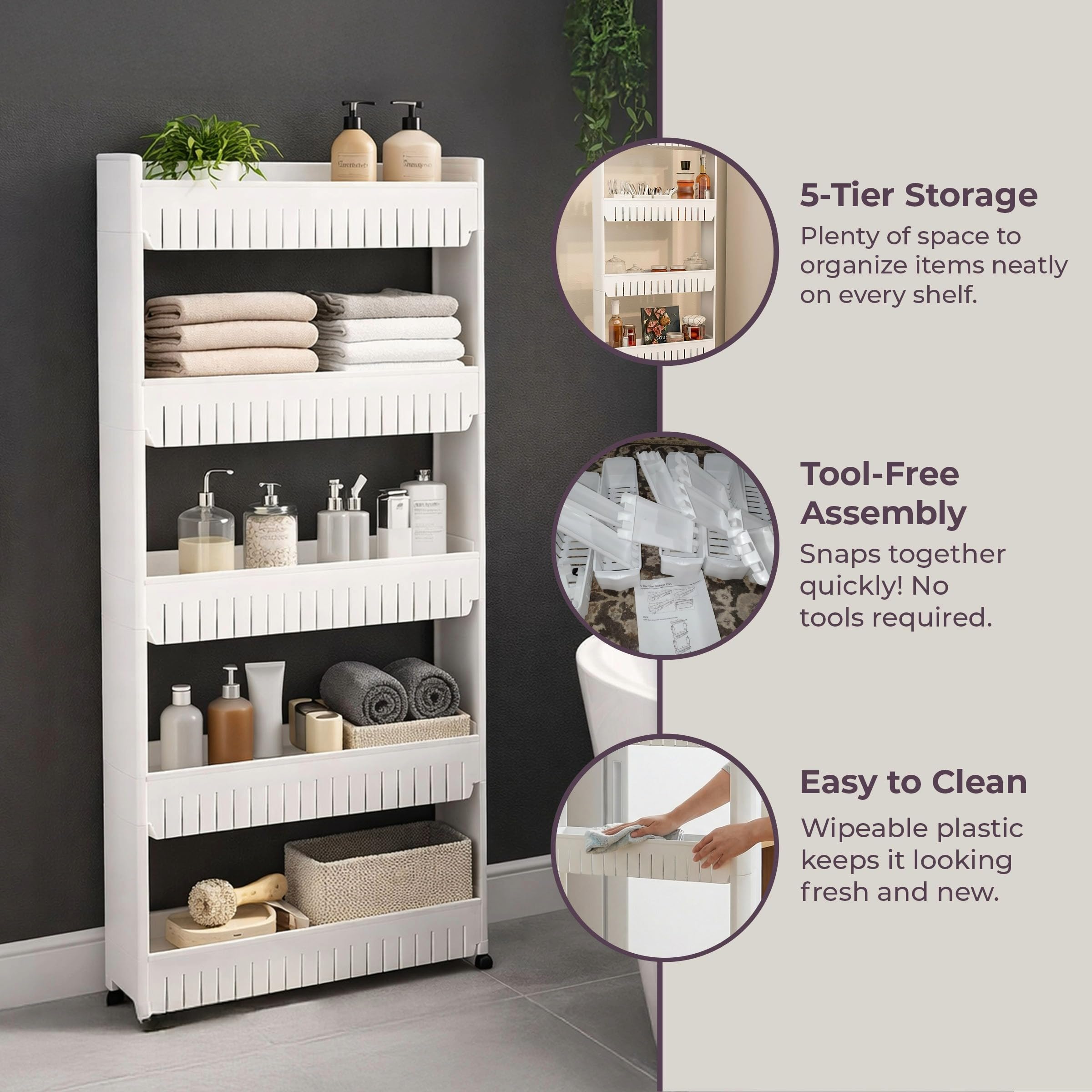 Slim Rolling Storage Cart - 5-Tier Utility Cart with Wheels for Bathroom, Kitchen, and Laundry Room - Bathroom Shelves by Lavish Home (White)