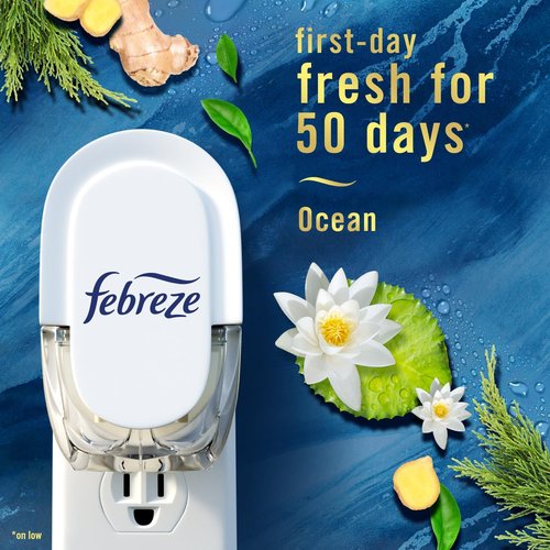 Febreze Plug-In Air Freshener Starter Kit - Ocean Scent, Long-Lasting Odor Control | Includes Warmer + 2 Refills