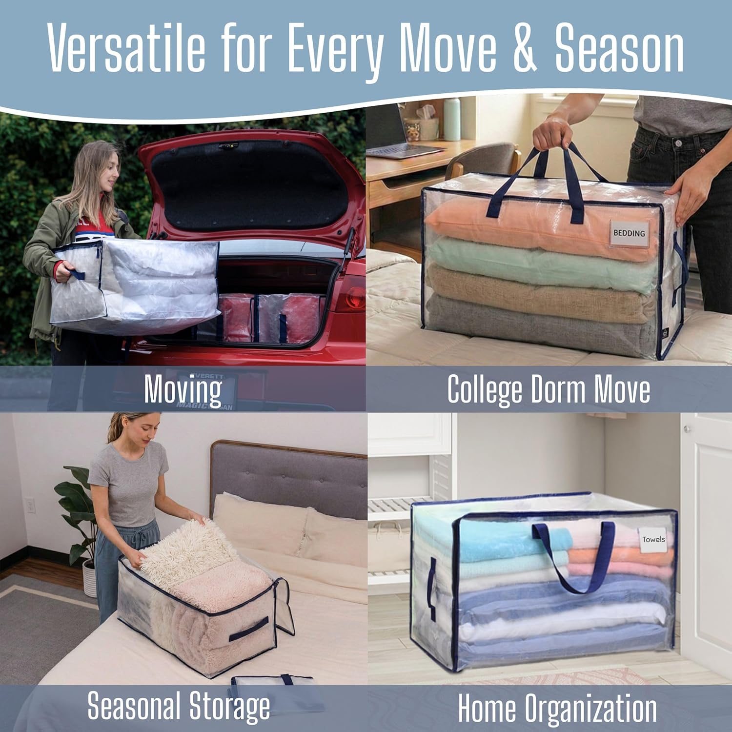 VENO Extra Large Moving Bags - 4 Pack Heavy Duty Storage Totes with Reinforced Handles & Strong Zippers