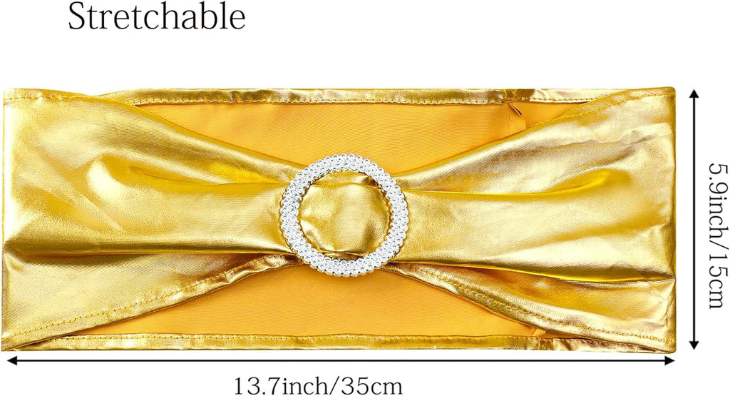 Skiennix Spandex Gold Chair Sashes - Pack of 50 for Weddings, Parties & Events | Elegant Metal Bow Design