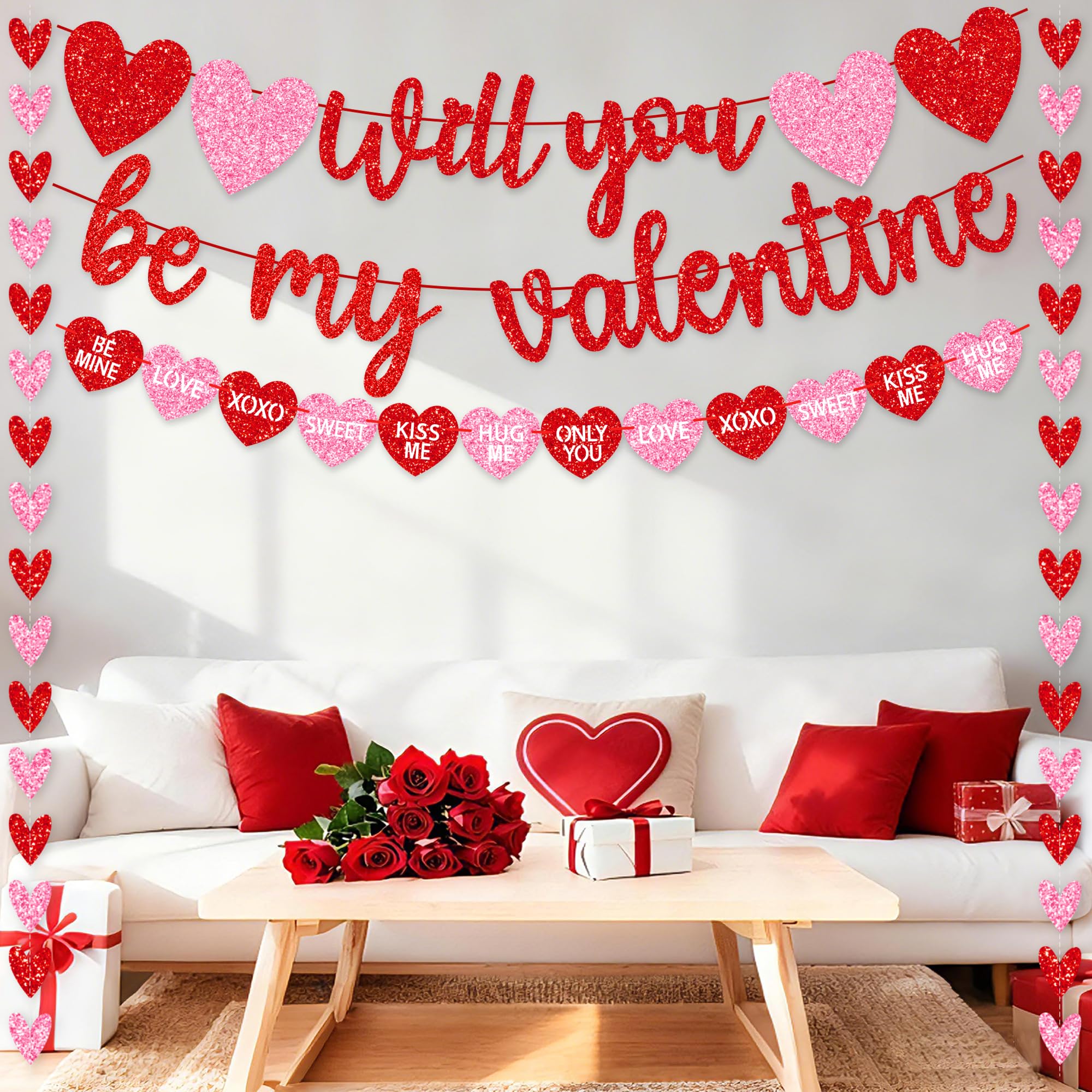 Valentines Day Decorations, No DIY Glitter Red Pink Will You Be My Valentine Banner Hollowed Conversation Heart Banner Heart Garlands String for Valentines Home Mantle Wall Office Decor Supplies