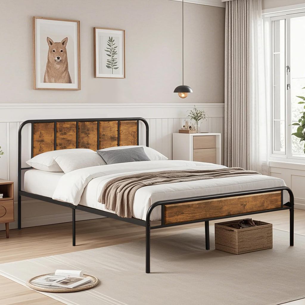 VECELO Queen Size Bed Frame Metal Platform with Wood Headboard,Sturdy Steel Slats Support/Matress Foudation/No Box Spring Needed(Brown)