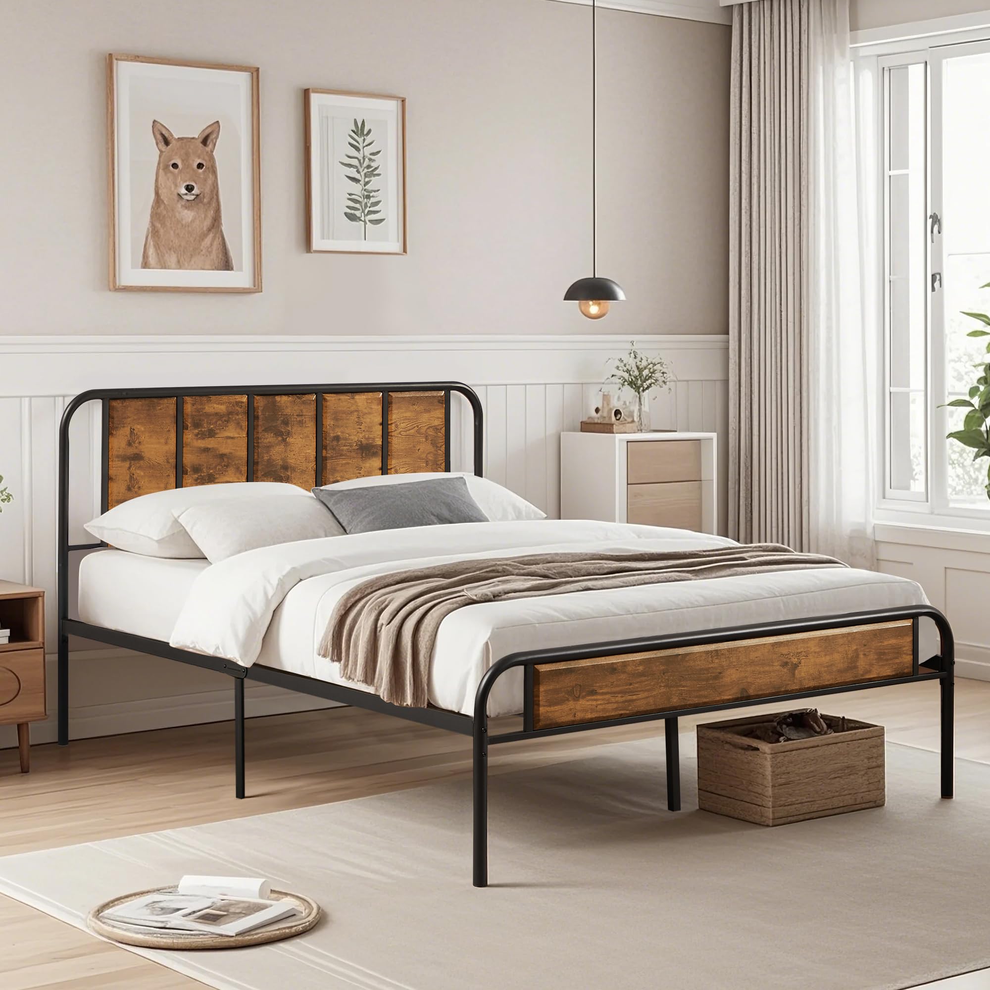 VECELO Queen Size Bed Frame Metal Platform with Wood Headboard,Sturdy Steel Slats Support/Matress Foudation/No Box Spring Needed(Brown)