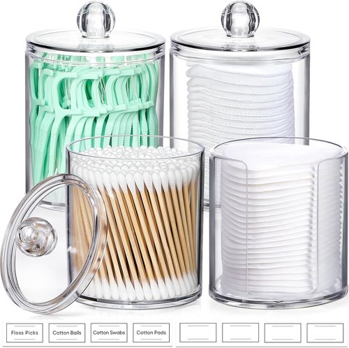 AOZITA Acrylic Qtip Holder Dispenser Set - 4 Clear Plastic Jars for Cotton Swabs & Vanity Organization