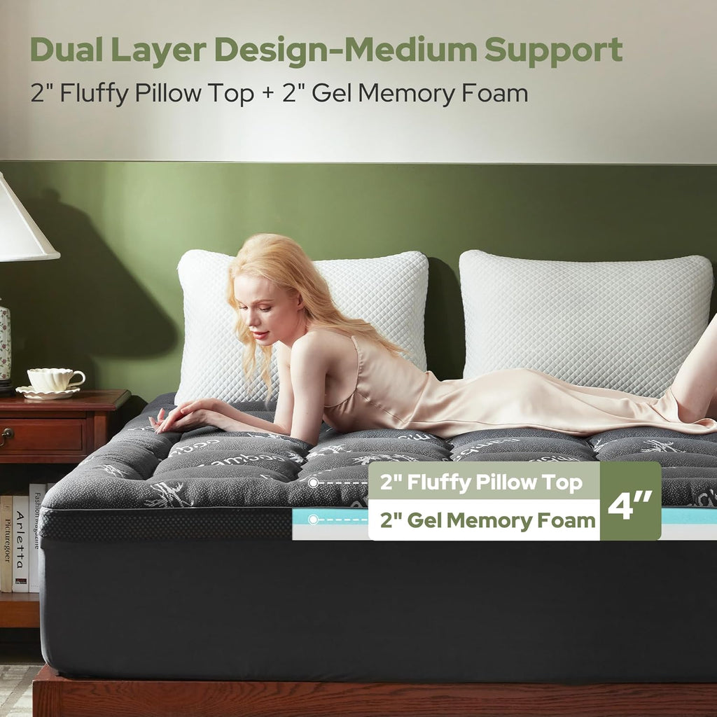 BEDLORE Memory Foam Mattress Topper - 4 Inch Dual Layer Design for Pressure Relief | Queen Size, Dark Gray