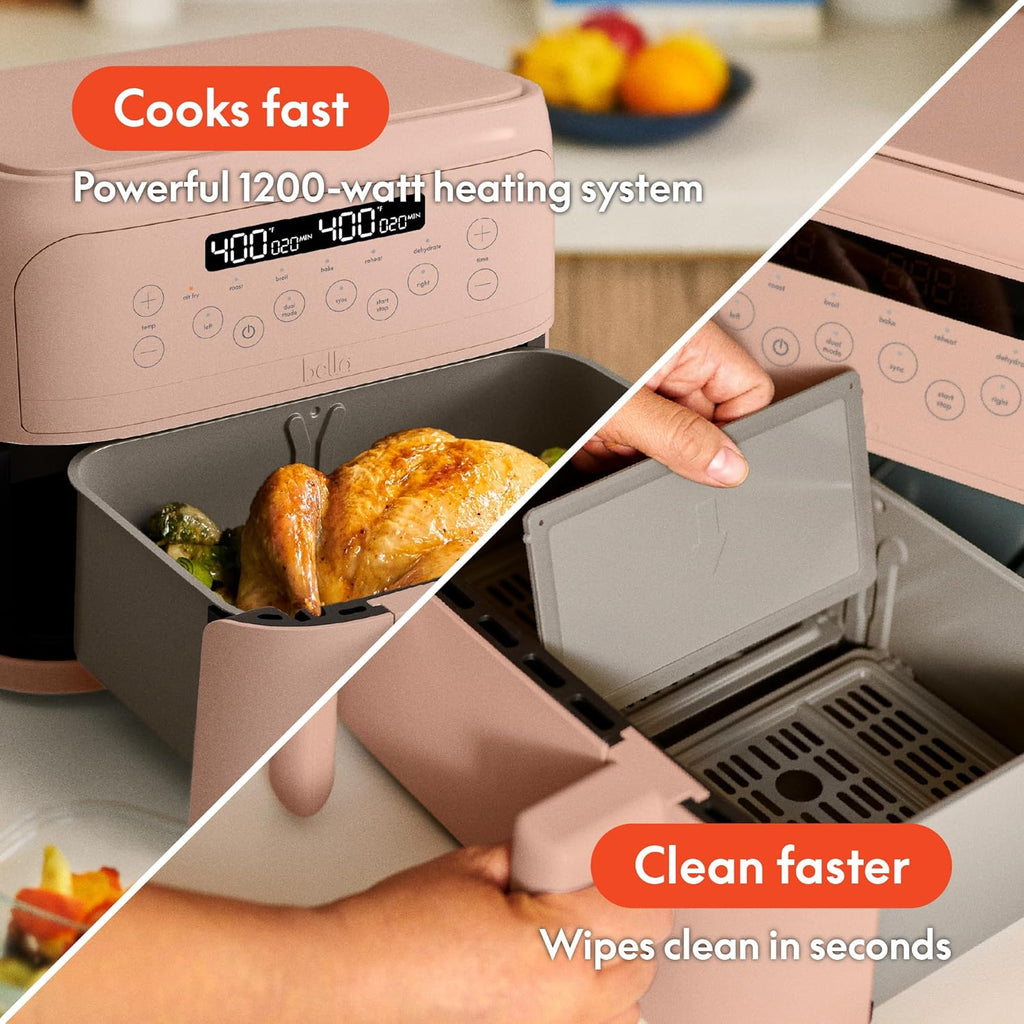 Bella 4 Qt TriZone Air Fryer - EverGood™ Ceramic Nonstick, Dual Basket Design | Digital Touchscreen, 1200W