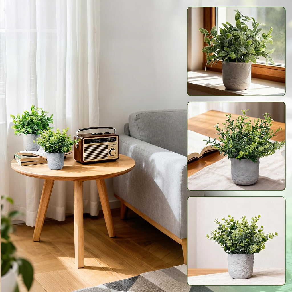 FGSAEOR Mini Potted Fake Plants, Small Artificial Greenery Realistic Plants Topiaries, Low Maintenance, for Home Office Shelf Desk Farmhouse Room Coffee Table Decor (3-Pack) (Grey (Round Pot))