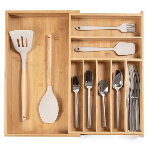 KitchenEdge Premium Silverware, Flatware and Utensil Organizer for Kitchen Drawers, Food-Safe Contract Grade, Expandable from 10.5 to 19 In, Natural Bamboo