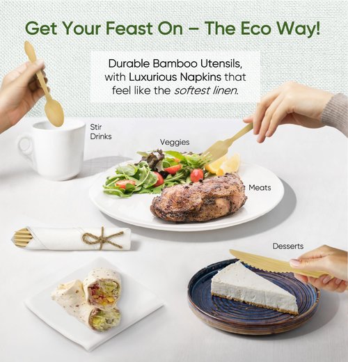 EcoPreps Luxury Pre-Rolled Napkin and Bamboo Cutlery Set (50 Pack, 200 PCS) 100% Biodegradable, Eco-Friendly, Disposable Wrapped Cutlery - Includes Pre-Wrapped Bamboo Forks, Knives, Spoons, & Napkins