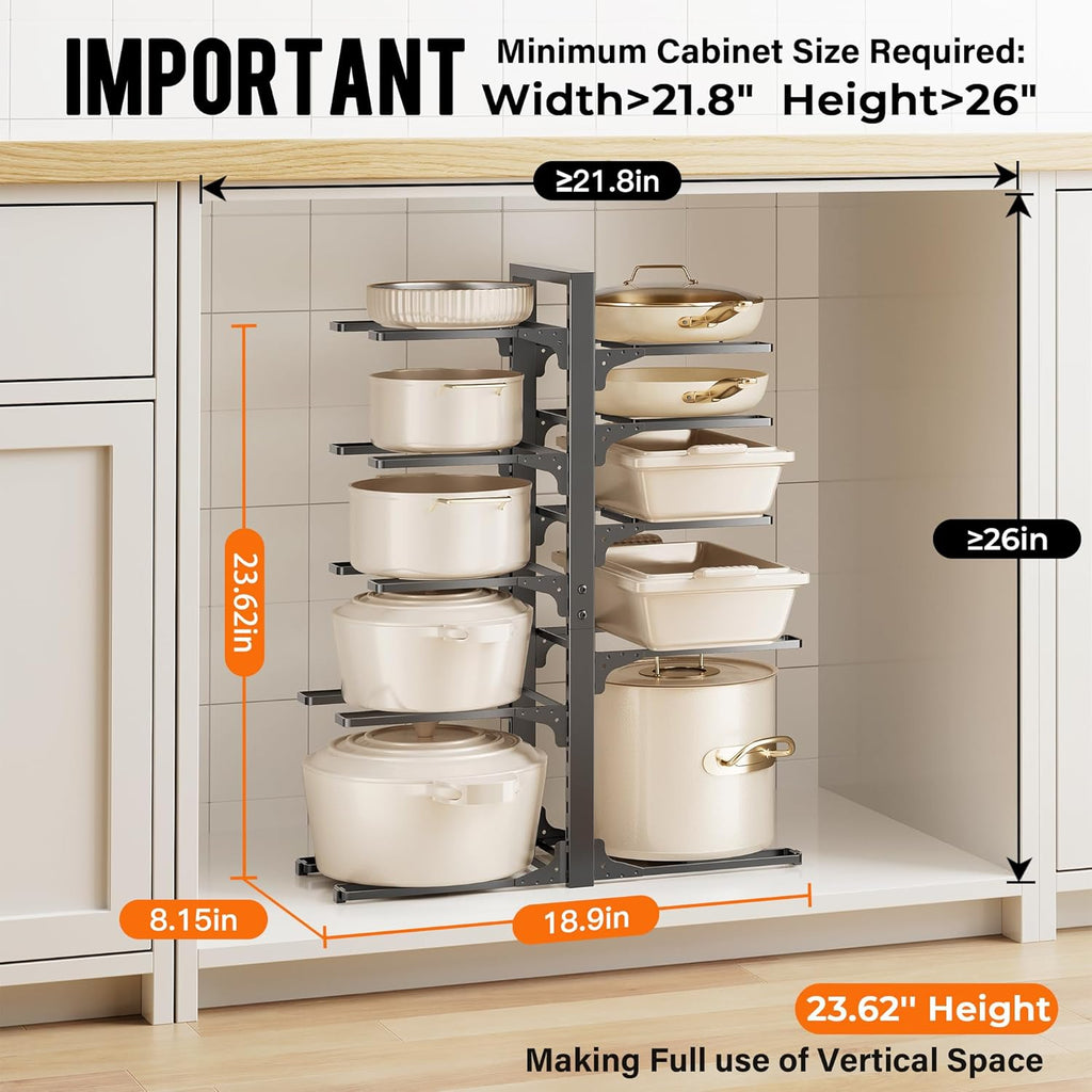 MUDEELA 10-Tier Pot and Pan Organizer - Heavy Duty Under Cabinet Storage, 23.62" Height, Adjustable Rack