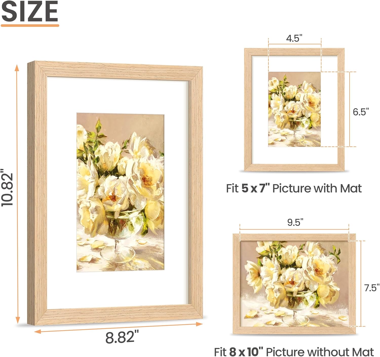 Upsimples 8x10 Picture Frame - Natural Solid Wood Display for 5x7 with Mat or 8x10 Without Mat