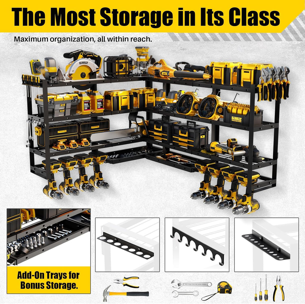 Power Tool Organizer Wall Mount by XLarge - Modular 820lbs Garage Storage Rack | 8 Cordless Drill Holders & 4-Tier Heavy Duty Utility Shelf