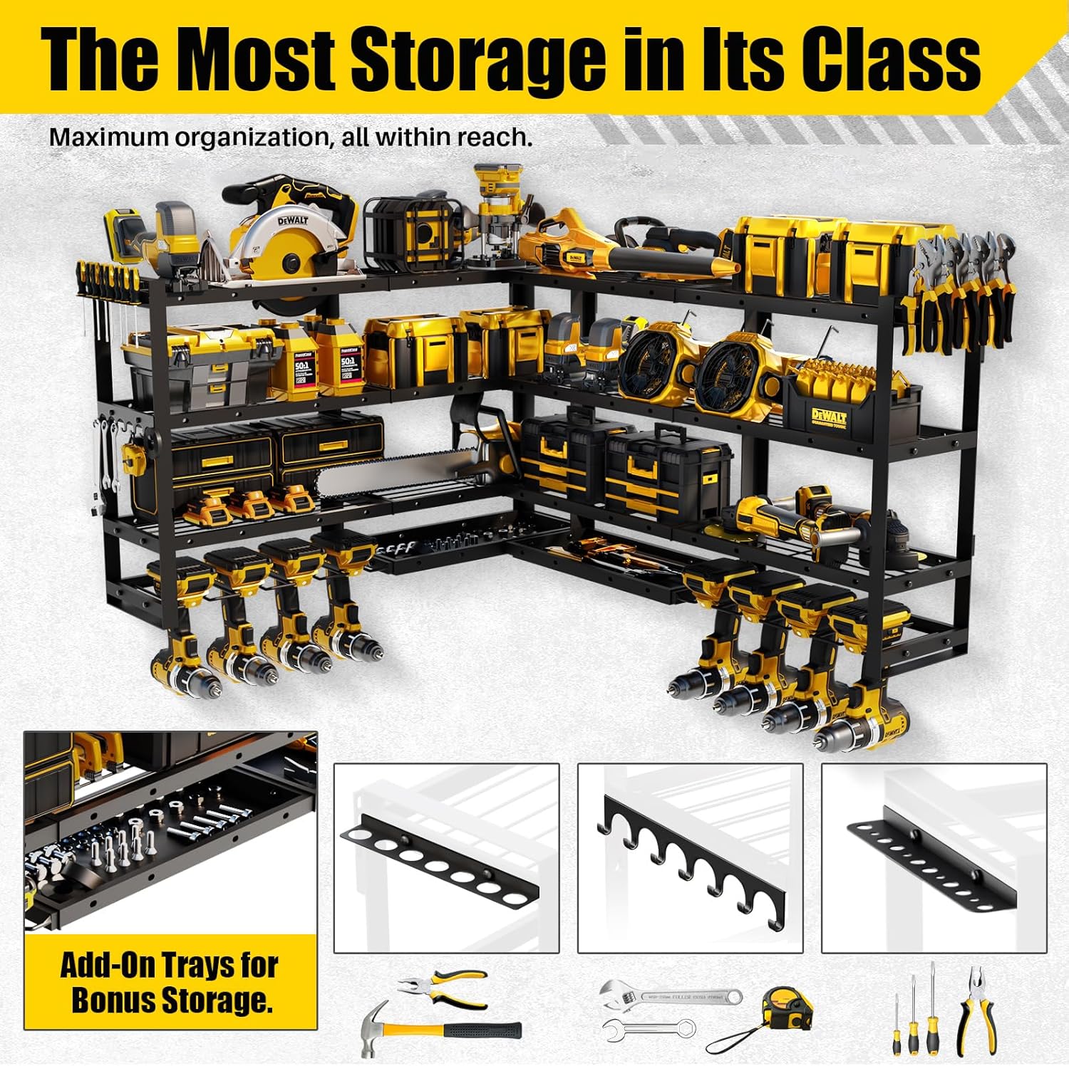 Power Tool Organizer Wall Mount by XLarge - Modular 820lbs Garage Storage Rack | 8 Cordless Drill Holders & 4-Tier Heavy Duty Utility Shelf