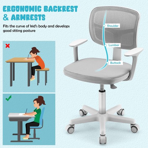 Kids Desk Chair, Height Adjustable Children Study Chair w/Lumbar Support, Swivel Mesh Seat, Universal Casters, Ergonomic Kids Task Chair for Boys Girls Aged 3-10, Home, School, Office(Grey)
