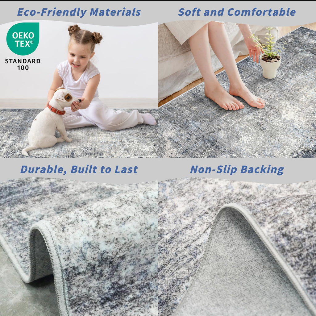 2x8 Washable Non-Slip Hallway Runner Rug – Modern Coastal Abstract Neutral Stain-Resistant Low-Pile Carpet Runner for Kitchen Entryway Bedroom Bathroom (Blue Gray,2x8)