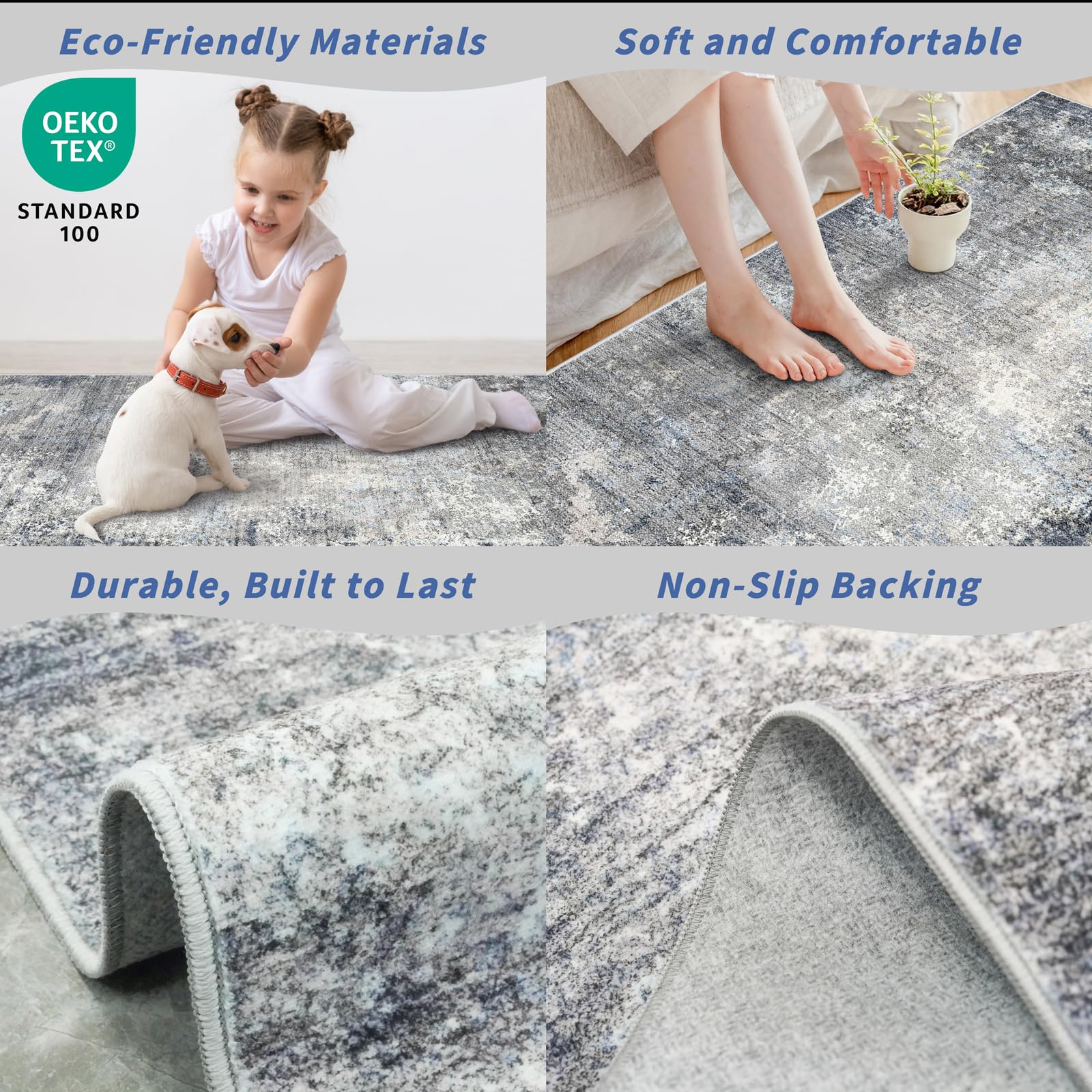 2x8 Washable Non-Slip Hallway Runner Rug – Modern Coastal Abstract Neutral Stain-Resistant Low-Pile Carpet Runner for Kitchen Entryway Bedroom Bathroom (Blue Gray,2x8)