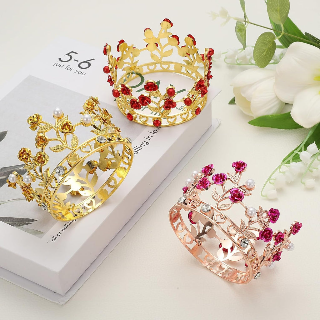 Uxcell Mini Crown Cake Toppers - Alloy Queen Princess Tiara with Pearl & Rose for Birthday Decor | Rose Gold/White/Rose Red