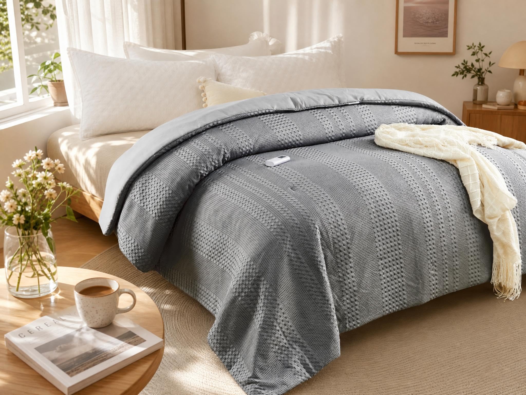 GarveeHome King Heated Comforter Electric Blanket, 104"x90" Waffle Weave Heating Blanket with Wireless LCD Controller, 6 Heat Levels & 2-10H Time Settings, UL Certified, Grey