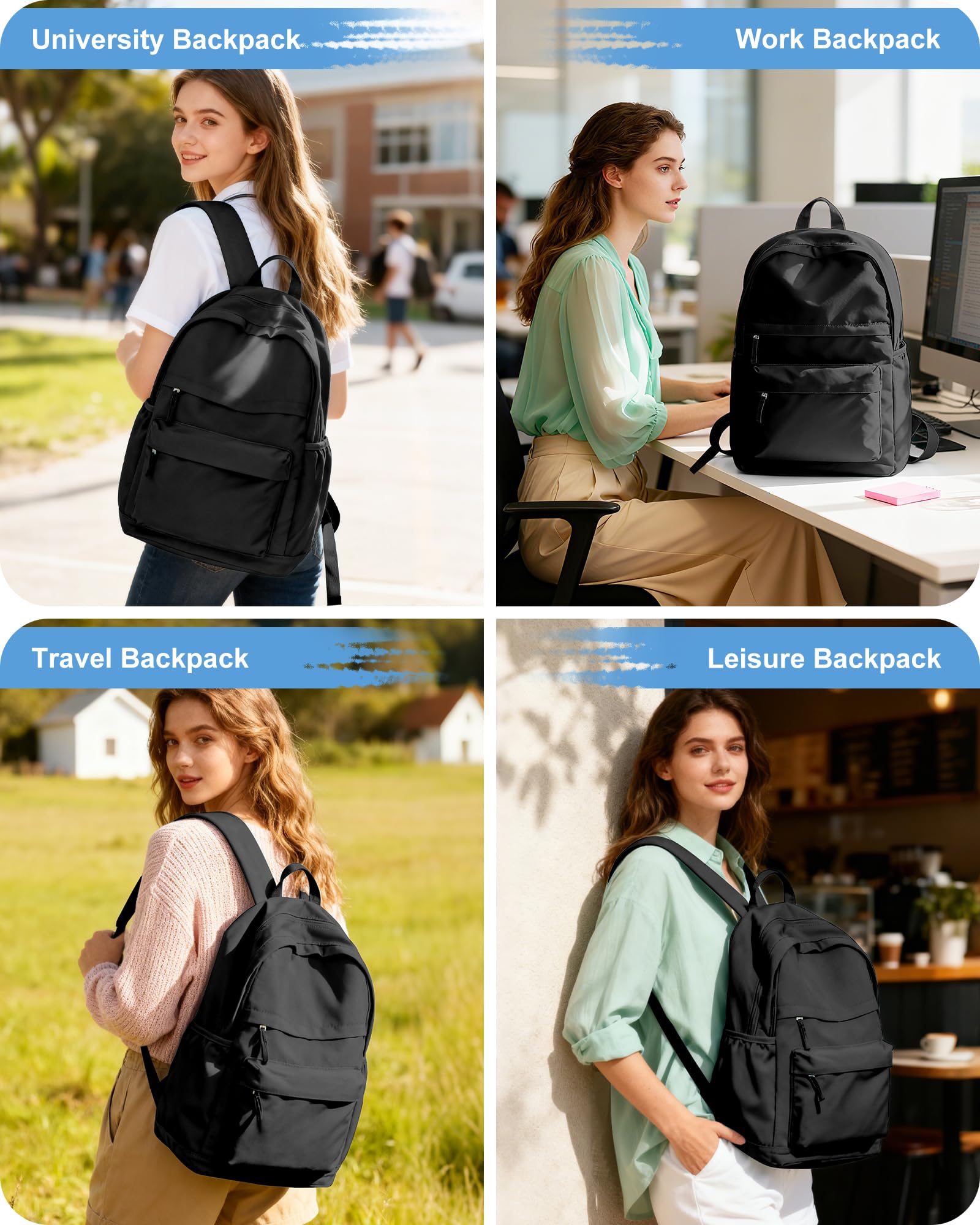 VGCUB Black School Backpacks Travel Book Bag Waterproof Work Light Aesthetic College Backpack for School Girls Boys Teens Mochilas Escolares Para Niñas Casual Daypack for Women Men
