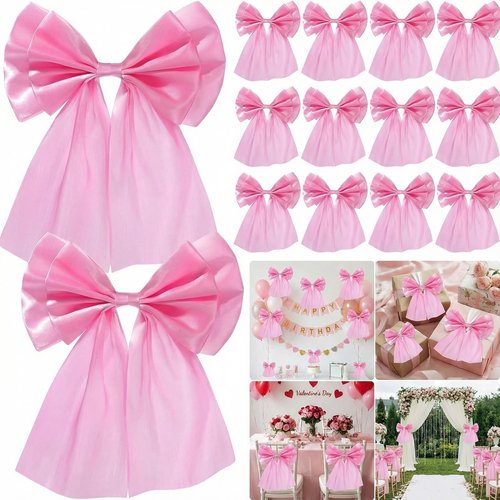 Hoteam 12 Pcs Large Pink Satin Bows Party Decoration 8.8 x 12 Inch Big Pink Bows with Twist Tie and Double-Sided Sticker for Birthday Valentine's Day Wedding Party Coquette Baby Showers Garland Decor
