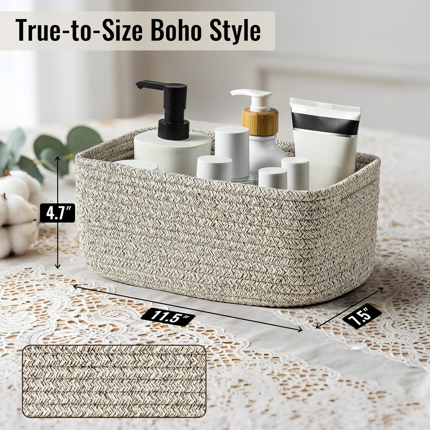 Small Storage Baskets - 8 Pack Woven Rope Organizers for Bathroom, Closet & Nursery | 11.5"x7.5"x4.7" - Brown