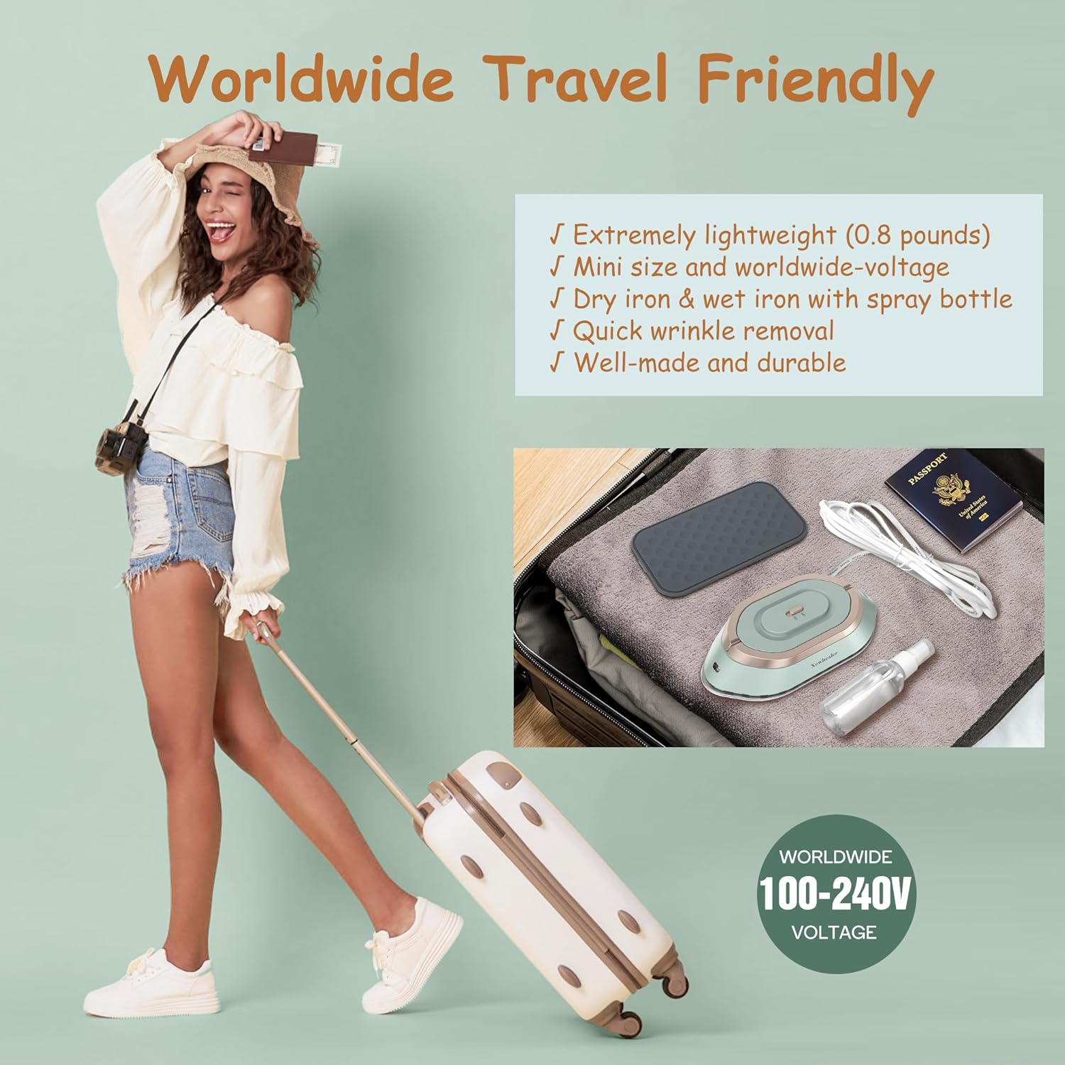 Newbealer Travel Iron - Mini Dry Iron with Global Voltage, 300W Power, 60s Heat Up, Non-Stick Soleplate | Green