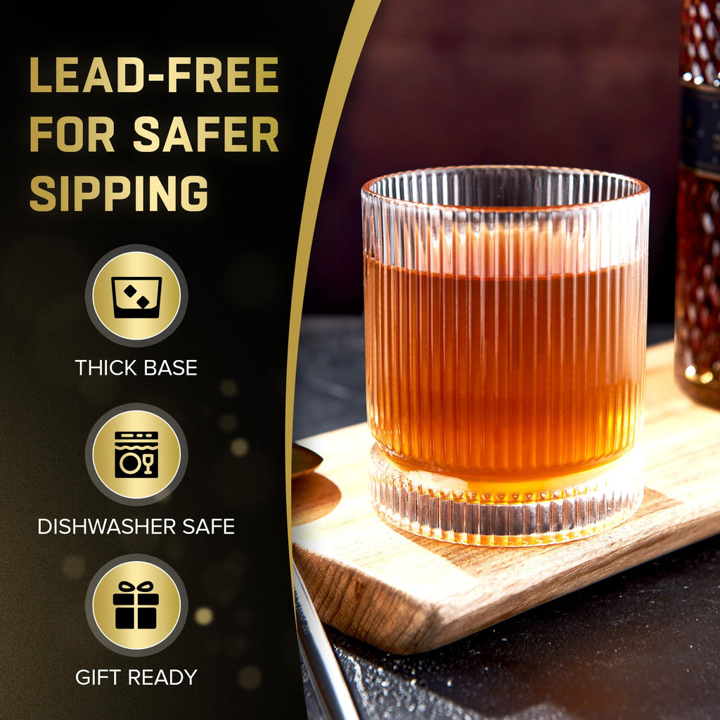 VUNDO Ribbed Whiskey Glasses Set of 8, 12 Oz Lead-Free Crystal Heavy Base Barware Glass, Perfect for Bourbon Rocks Cocktail Scotch Drinking