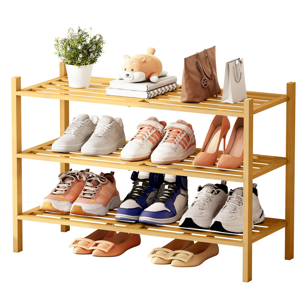 Toolola Bamboo Shoe Rack for Closet 3 Tier, Durable Wooden Shoe Rack, Space-Saving Stackable Shoe Organizer for Entryway, Dorm, Garage, Natural