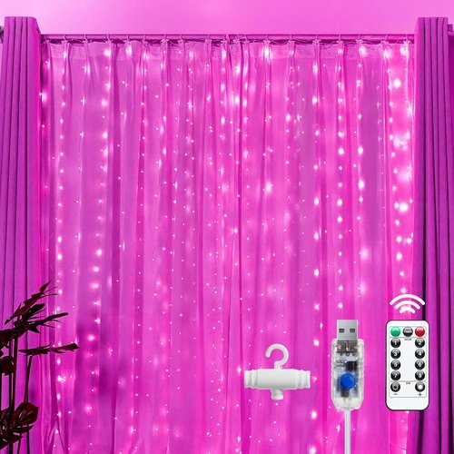 Brightown 300 LED Pink Fairy Curtain Lights - 9.8ft String Lights with Remote & 8 Modes for Indoor/Outdoor Decor