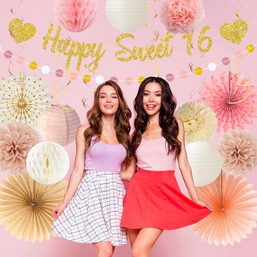 Vlipoeasn Blush Pink Sweet 16 Birthday Decorations for Girls, Retro Beige 16th Birthday Party Decor with Paper Pom Pom, Fan, Lantern, Happy 16 Year Old Party Supplies